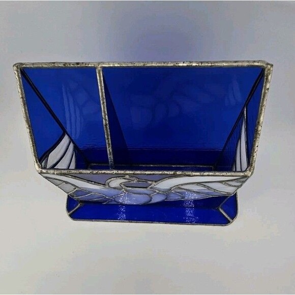 Hand Crafted Sturdy Stained Glass Blue and Milky White Translucent Glass, RH 84 - Picture 8 of 11